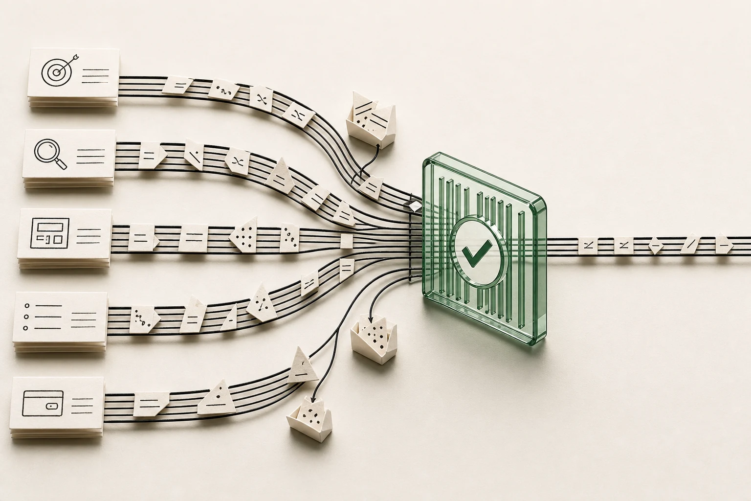Five stacks of paper cards feeding rails into a green glass gate, with rejected cards falling away and a check on the gate.