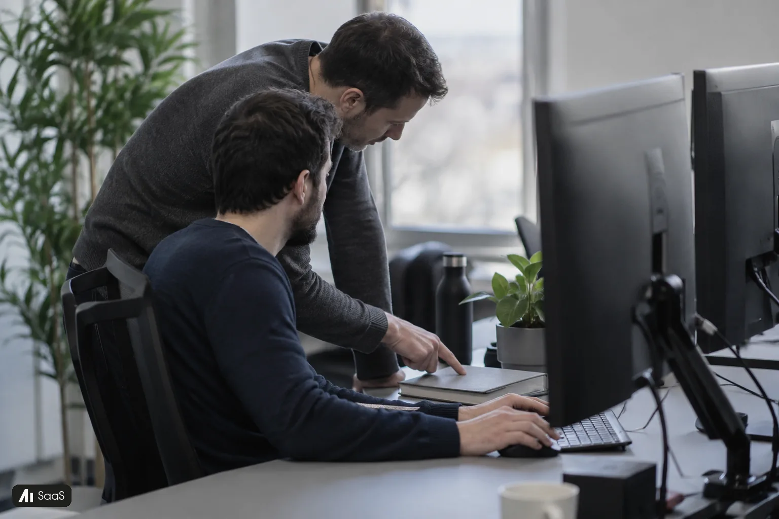 Two men collaborate at a software office desk with monitor backs facing the camera.