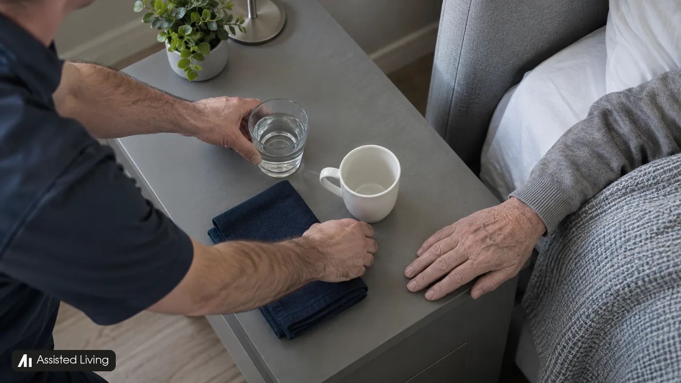 A caregiver places water beside an elderly man's resting hand at a bedside table.