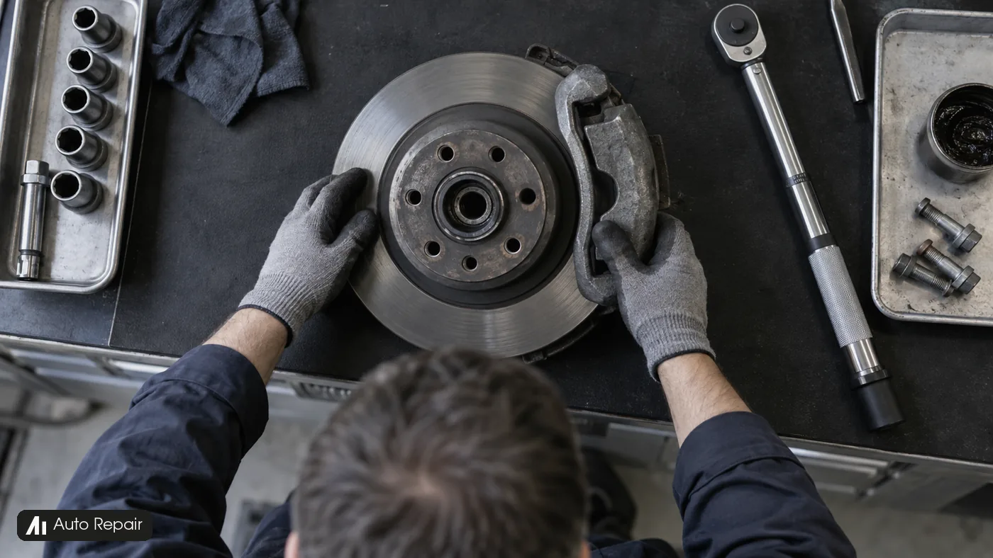 A mechanic checks a brake disc and caliper on a black workshop mat beside sockets and a torque wrench.