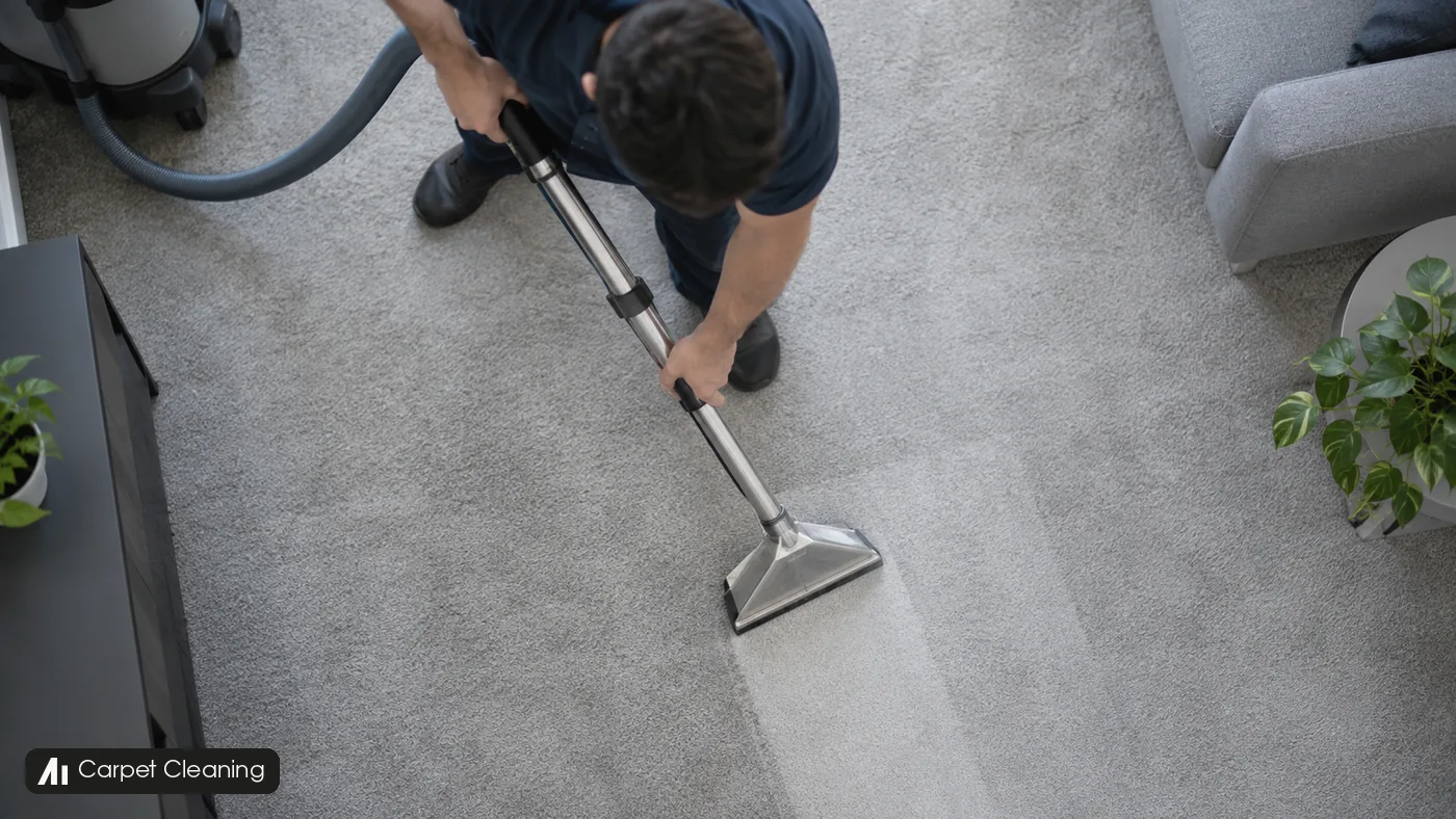 A cleaner guides a metal extraction wand across a grey carpet viewed from above.