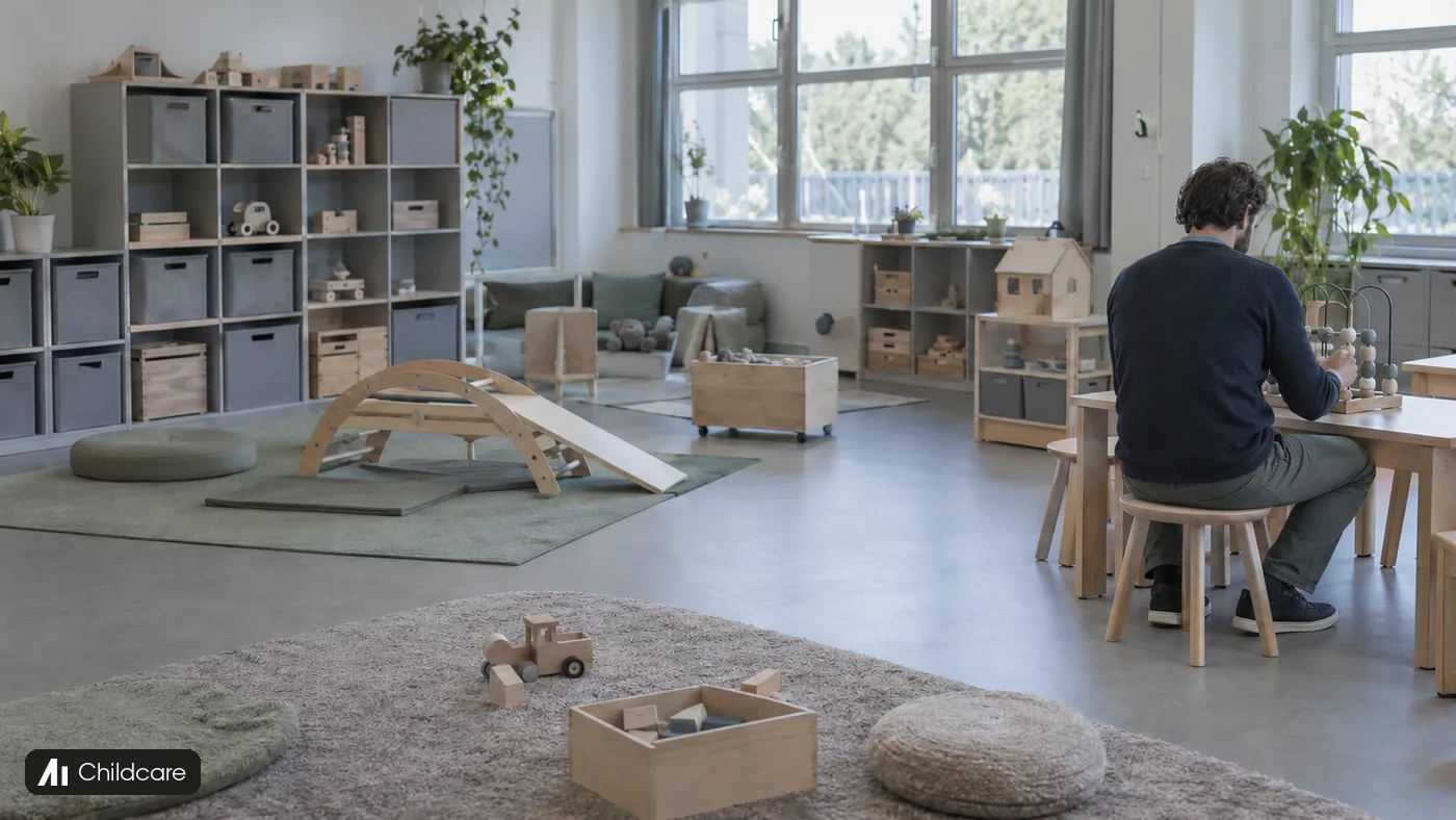 A man checks a wooden activity toy in an empty childcare room.