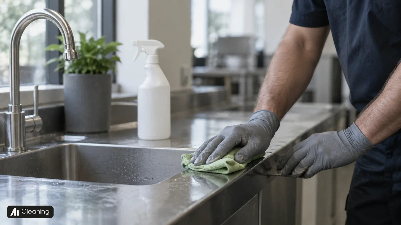 Gloved hands wipe a stainless sink edge with a green cloth beside a plain white spray bottle.
