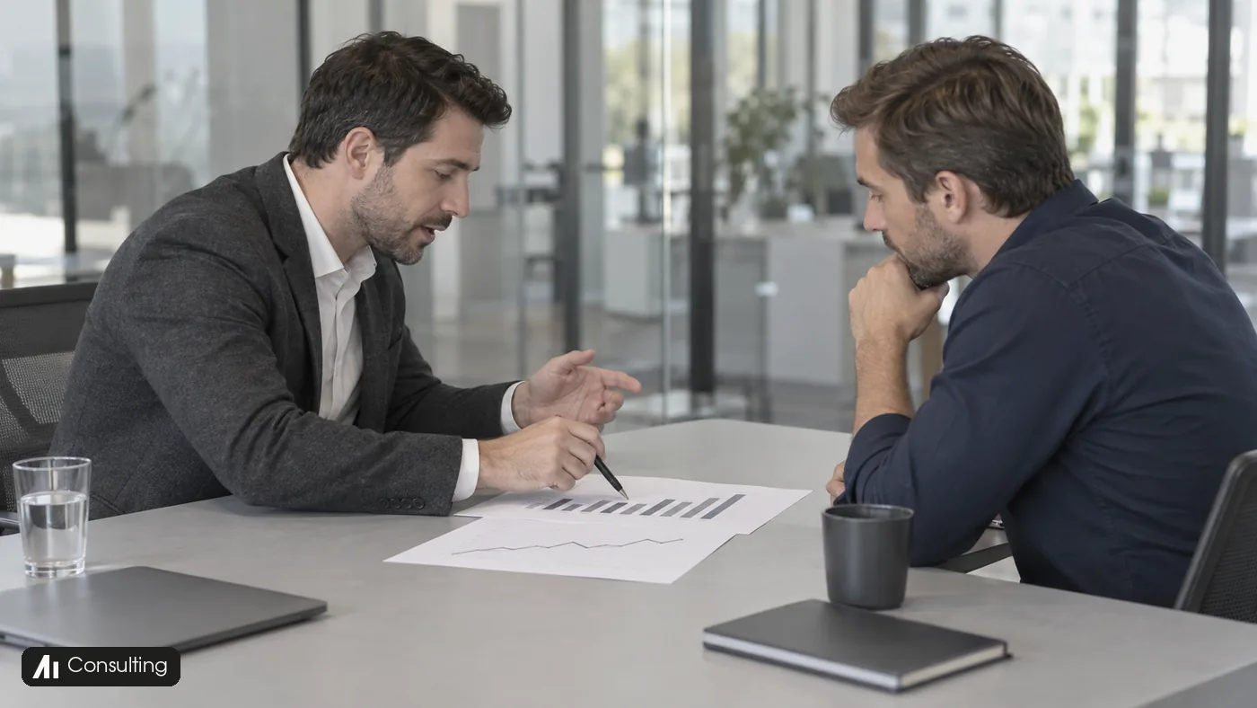 A consultant points a pen at printed bar and line charts while explaining them to another man at a meeting table.