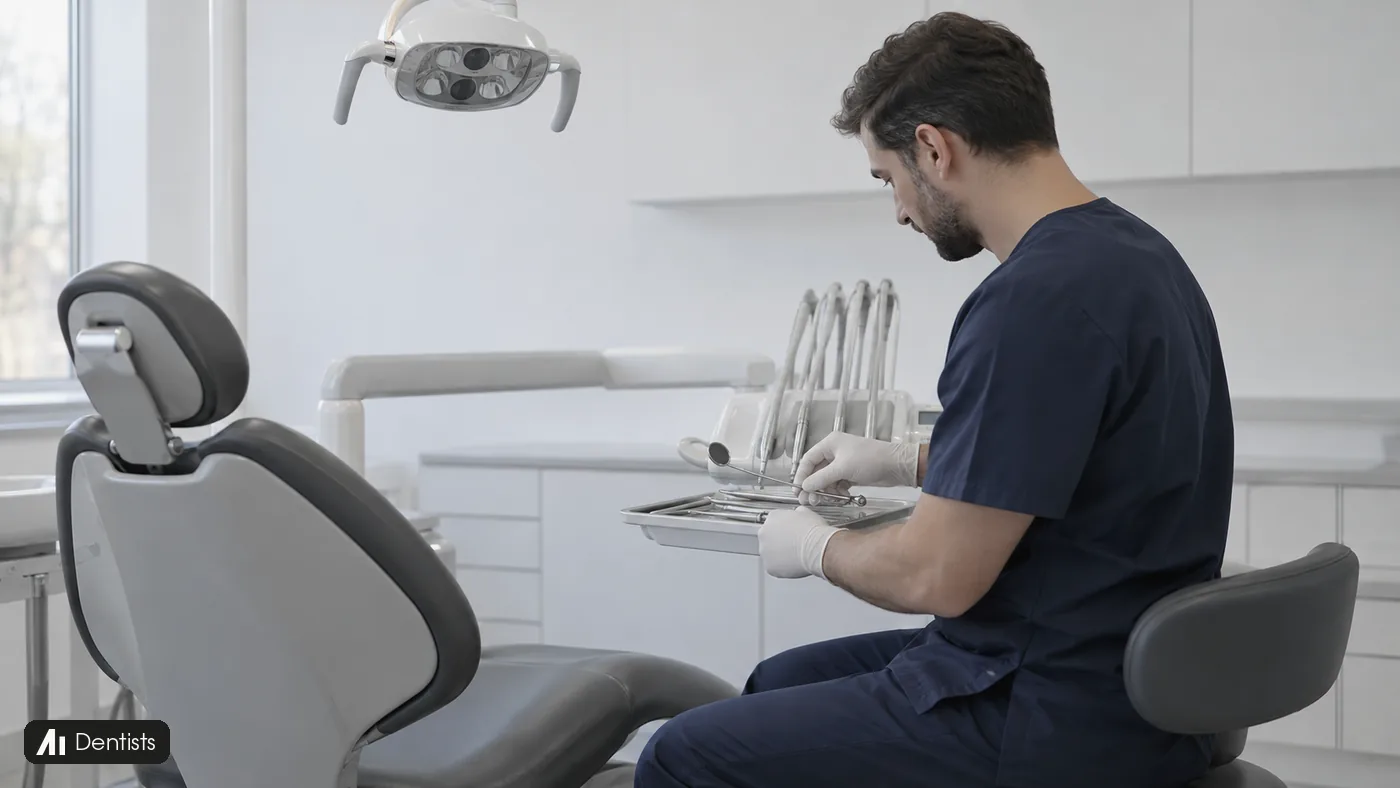 A seated dentist arranges steel instruments beside an empty dental chair and lamp.