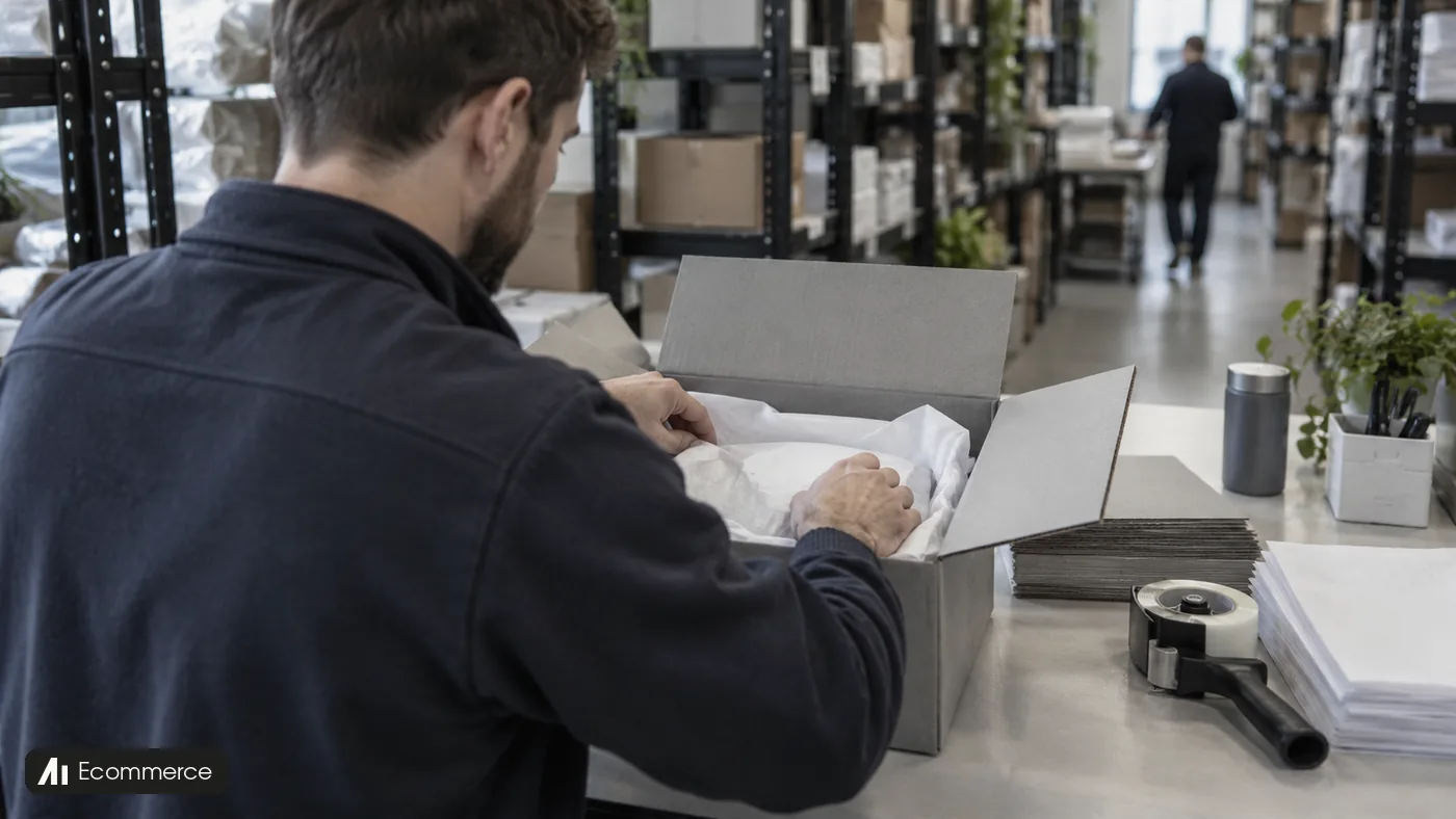 A warehouse worker packs white tissue into a grey carton at a fulfillment bench.