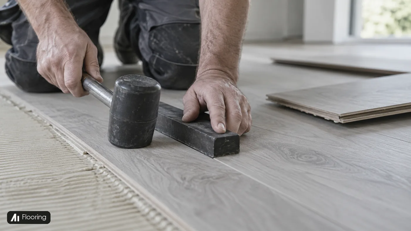 An installer uses a rubber mallet and tapping block to fit a grey floor plank.