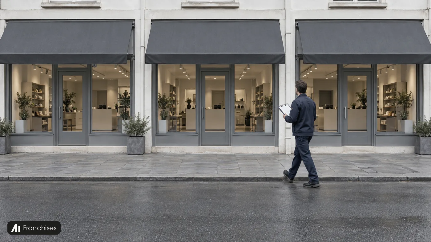 A man carrying a clipboard walks past three matching shop locations with identical charcoal awnings and window layouts.