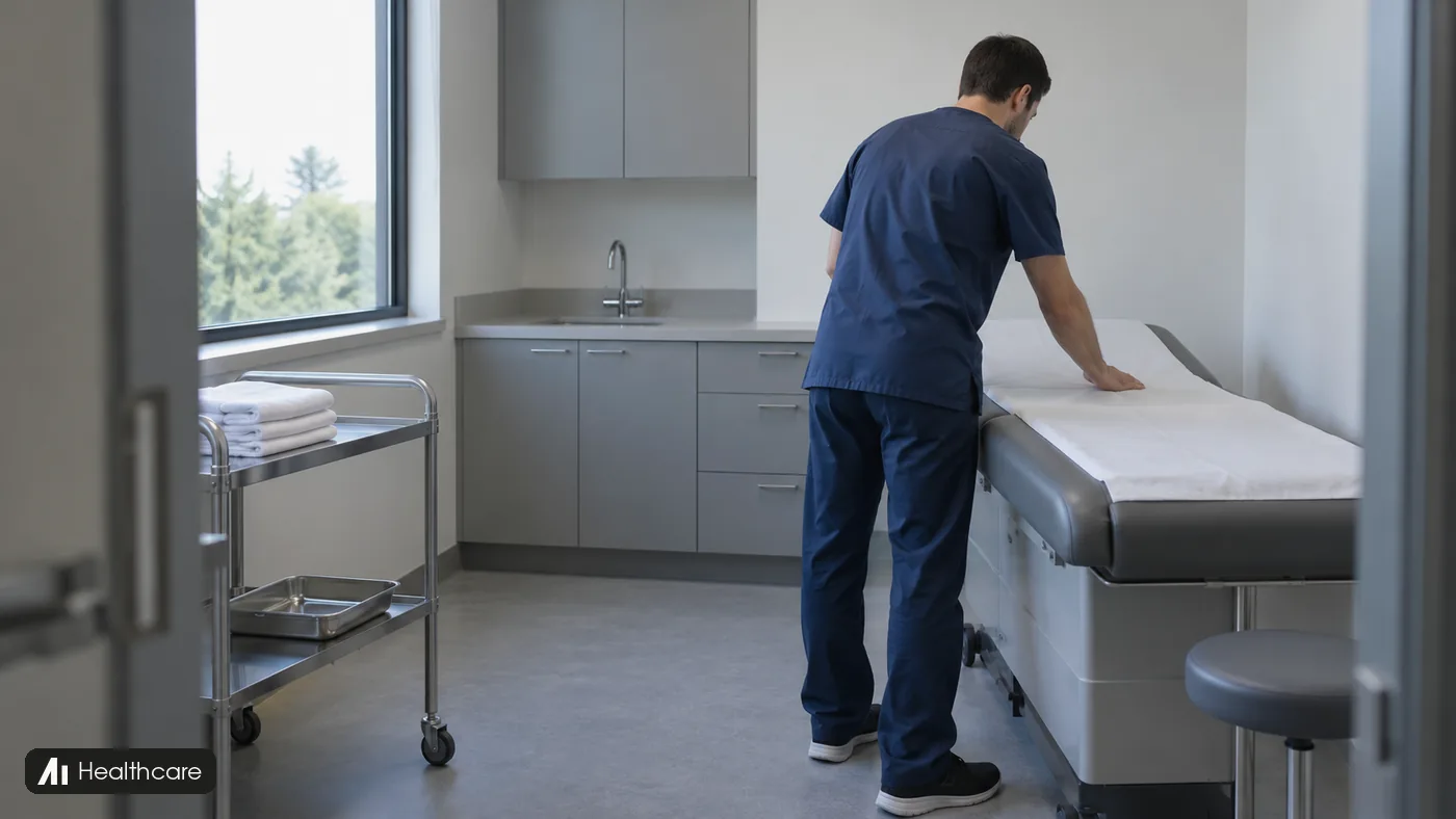 A clinic worker smooths a white sheet on an empty examination couch.