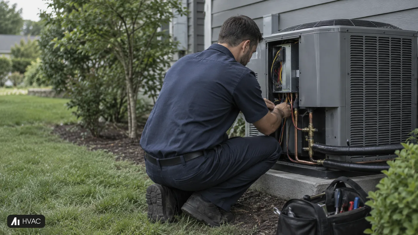 A technician checks an open outdoor air conditioning unit beside a house and a black tool bag.