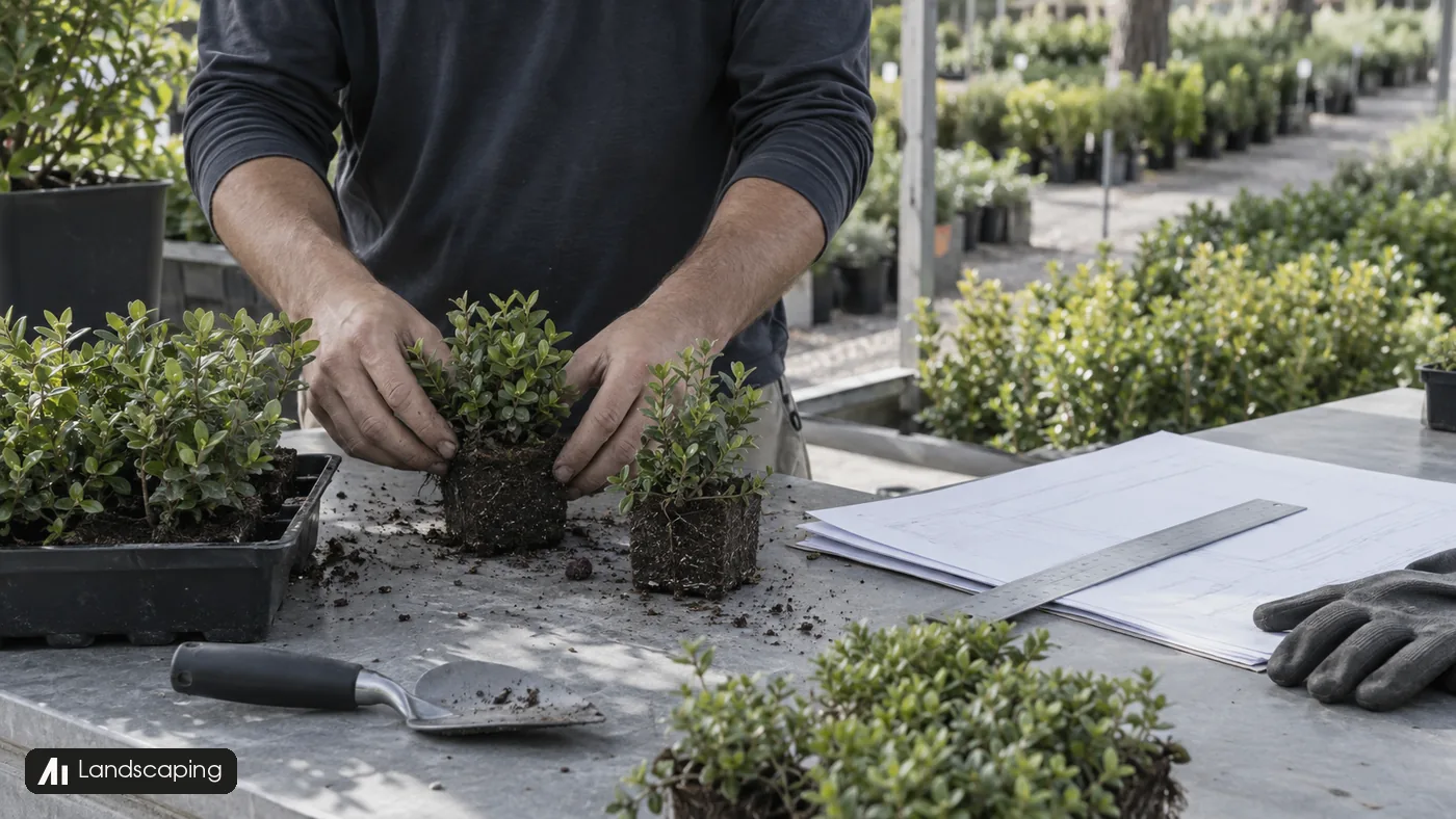 A landscaper arranges small shrubs on a nursery bench beside plan sheets and a metal ruler.