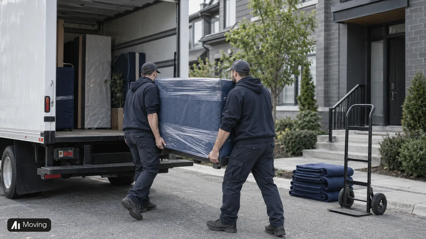 Two movers carry a cabinet wrapped in navy blankets toward an open white truck.