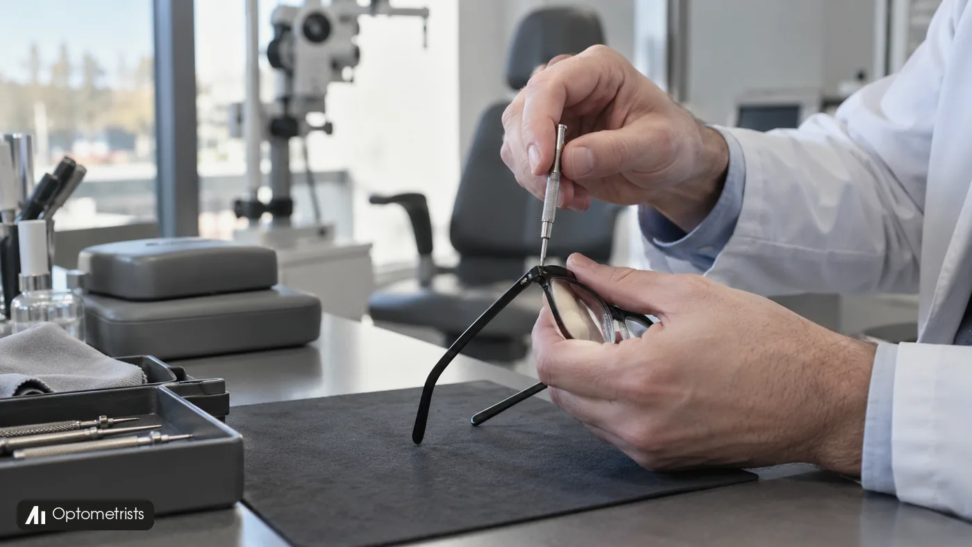An optometrist adjusts a black spectacle frame with a small screwdriver.