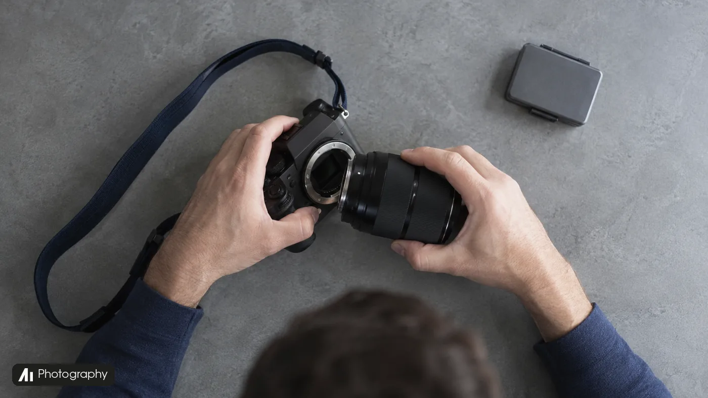 A photographer attaches a black lens to a camera on a grey desk.