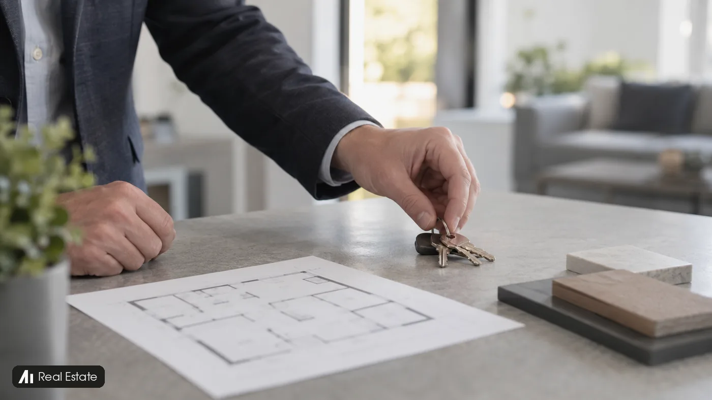 An agent places keys beside a floor plan and material samples on a grey desk.