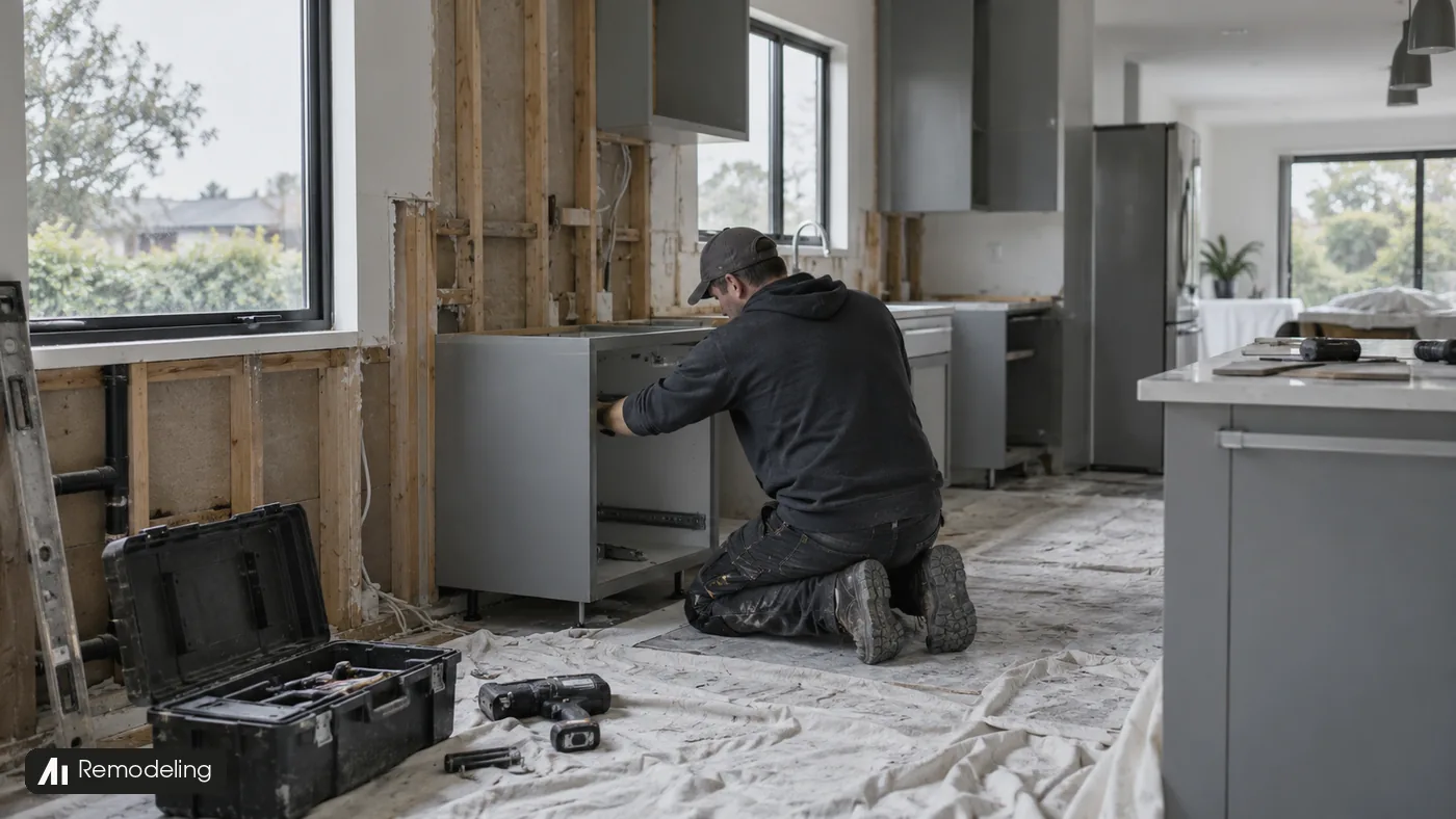 A carpenter fits a grey kitchen cabinet in a room with exposed framing and dust sheets.