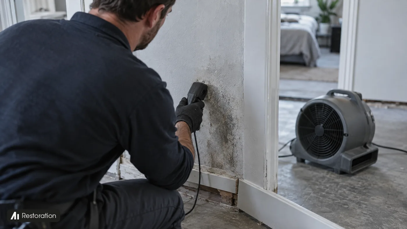 A restoration worker checks a damp wall with a moisture meter beside a grey drying fan.