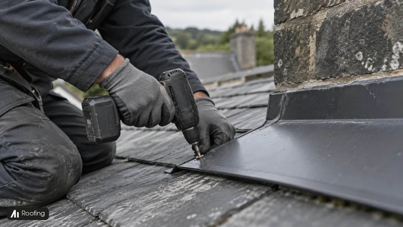 Gloved hands fasten dark roof flashing beside a stone chimney with a black driver.