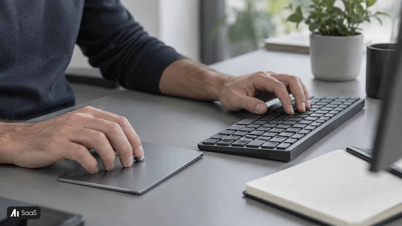A software worker uses a blank charcoal keyboard and a metal trackpad at a grey desk.