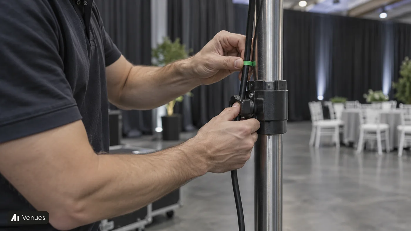 A venue technician secures a clamp and cable to a metal lighting stand in an empty event room.