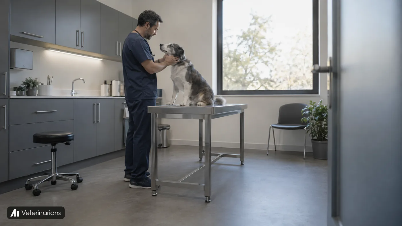 A veterinarian examines a calm grey and white dog on a steel table.